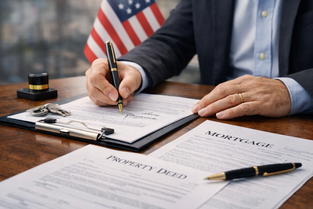 Mobile notary signing mortgage and property documents for real estate transactions in USA