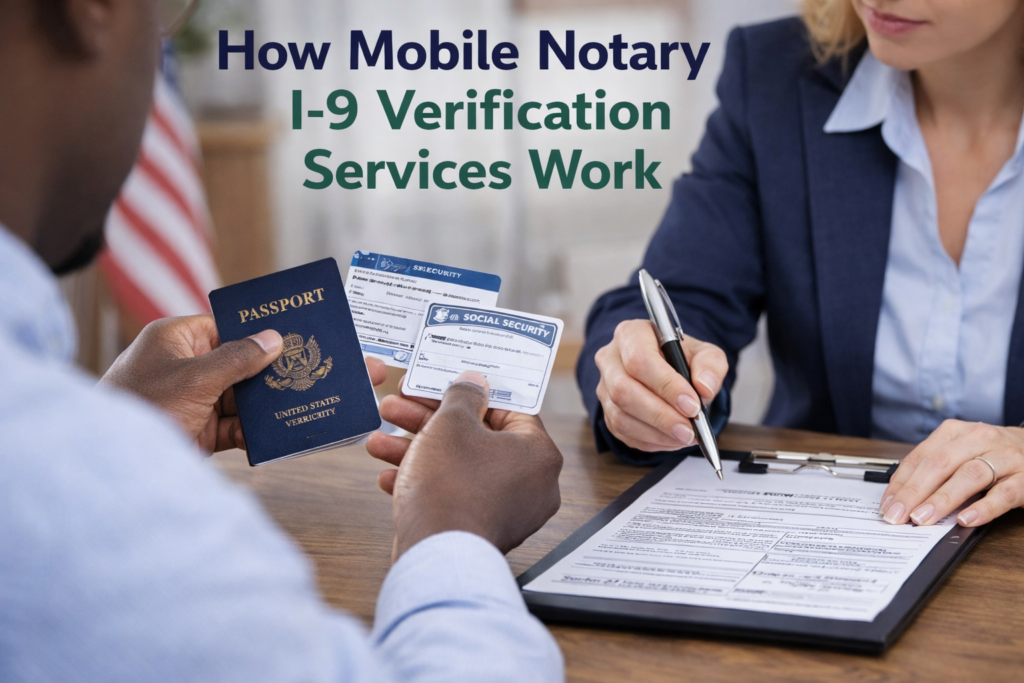 Mobile notary verifying employee identity documents during I-9 verification process in the USA