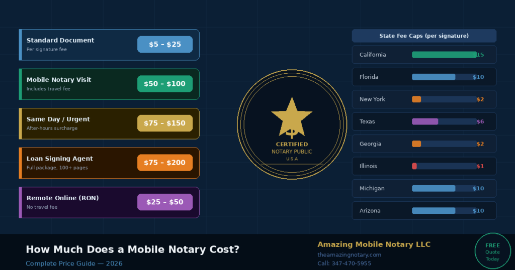 How much does a mobile notary cost - complete price guide showing mobile notary fees by service type from $5 standard documents to $200 loan signing agent costs across USA states