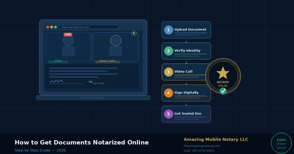 How to get documents notarized online - certified remote notary public conducting secure video call session for digital document signing and notarization across USA