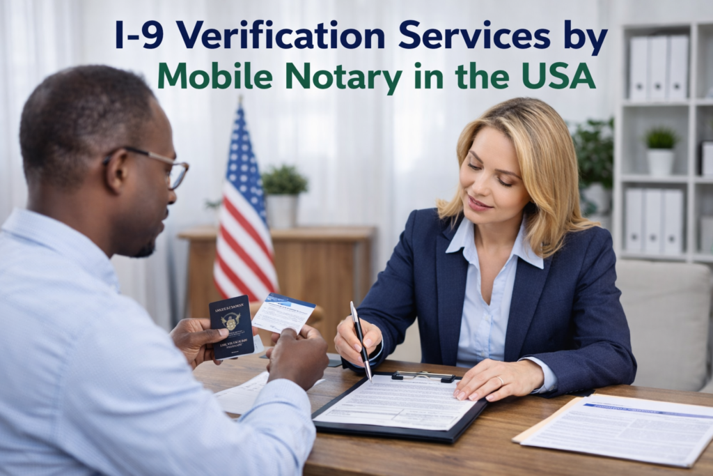 Mobile notary performing I-9 employment eligibility verification and reviewing identity documents in the USA