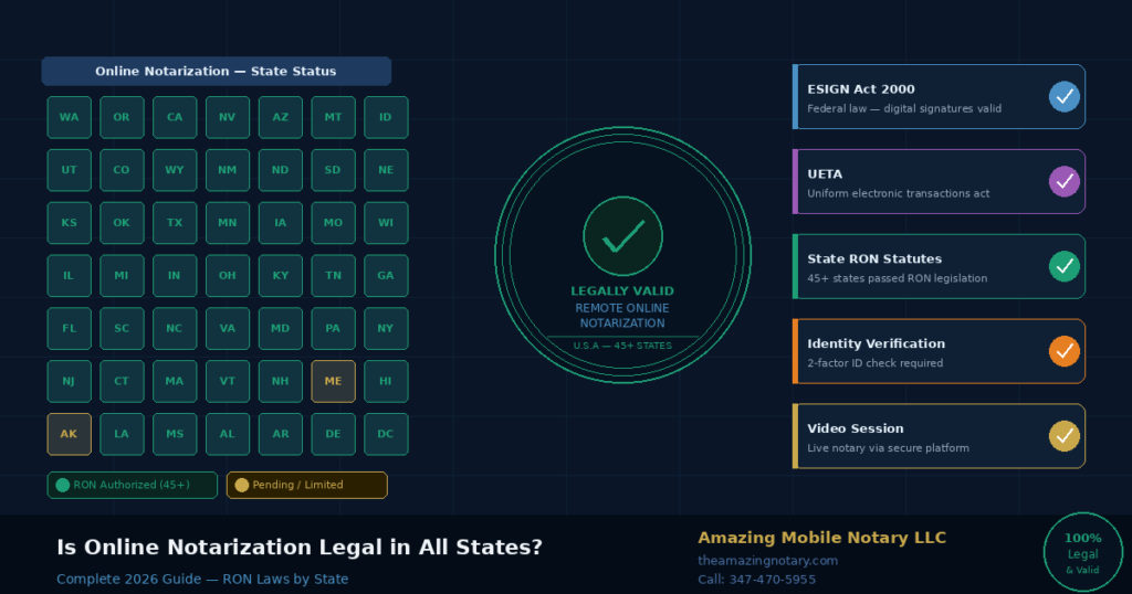 Is online notarization legal in all states - USA map showing 45+ states with authorized remote online notarization RON laws including ESIGN Act and state RON statutes