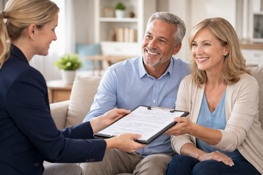 Professional loan signing agent finalizing mortgage closing with clients at home in the USA