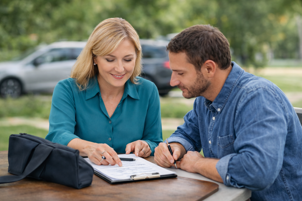 Mobile loan signing agent assisting a client at home with mortgage and real estate documents
