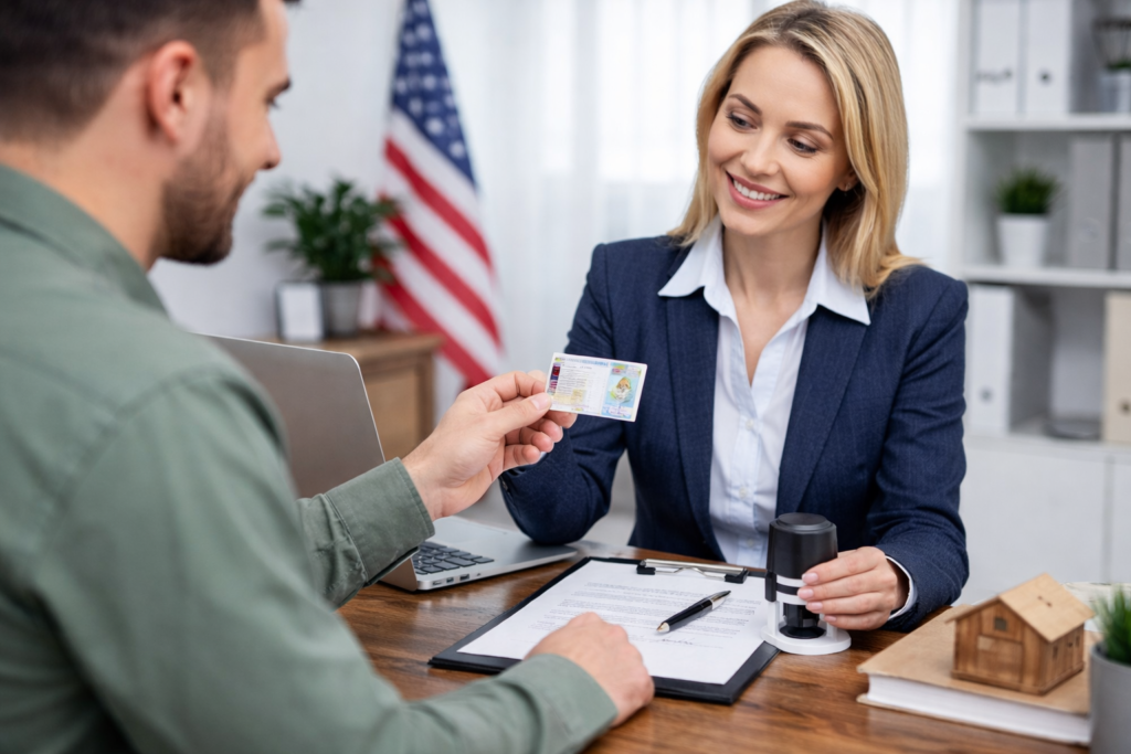 mobile notary verifying identity before notarizing documents