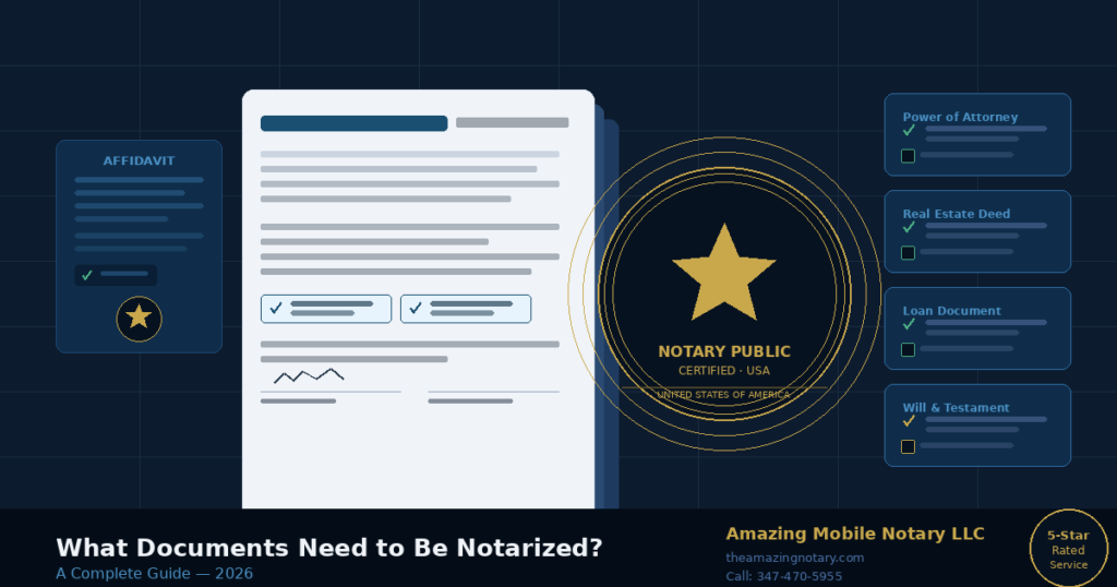 what documents need to be notarized - certified notary reviewing legal documents including power of attorney, real estate deeds, affidavits, and loan signing documents with official notary seal