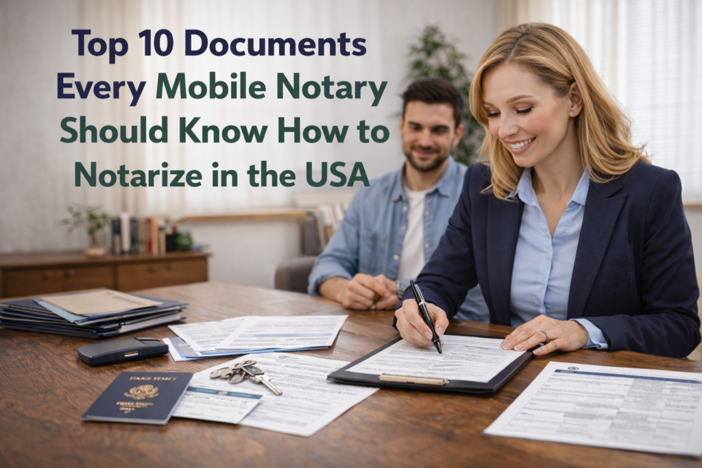Mobile notary verifying legal, real estate, and employment documents for clients in the USA