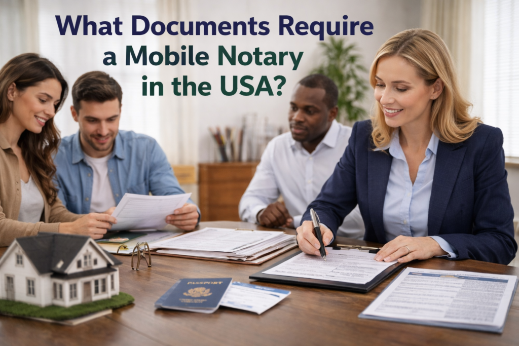 Mobile notary verifying legal, real estate, and employment documents for clients in the USA