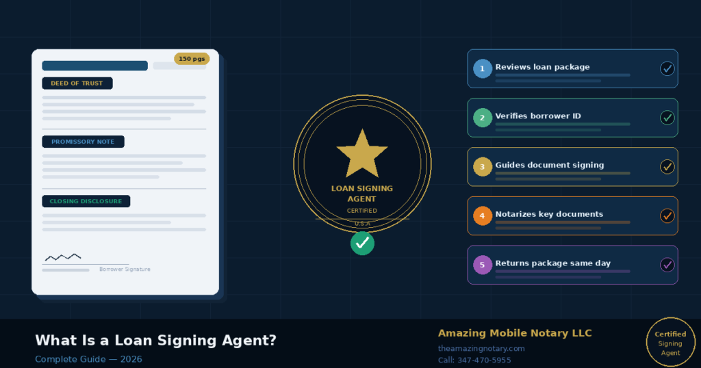 What is a loan signing agent - certified notary loan signing agent reviewing mortgage documents including deed of trust promissory note and closing disclosure for real estate closing USA